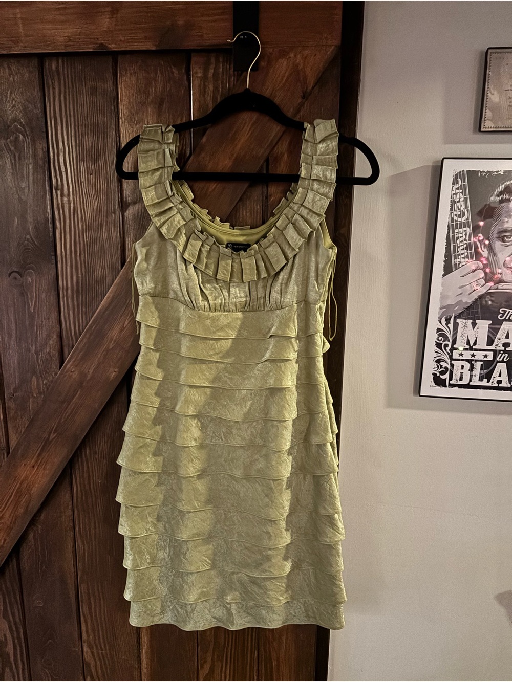 New Directions Metallic Sage Tiered Ruffle Mini Dress